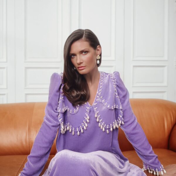lavander velvet pearl dress